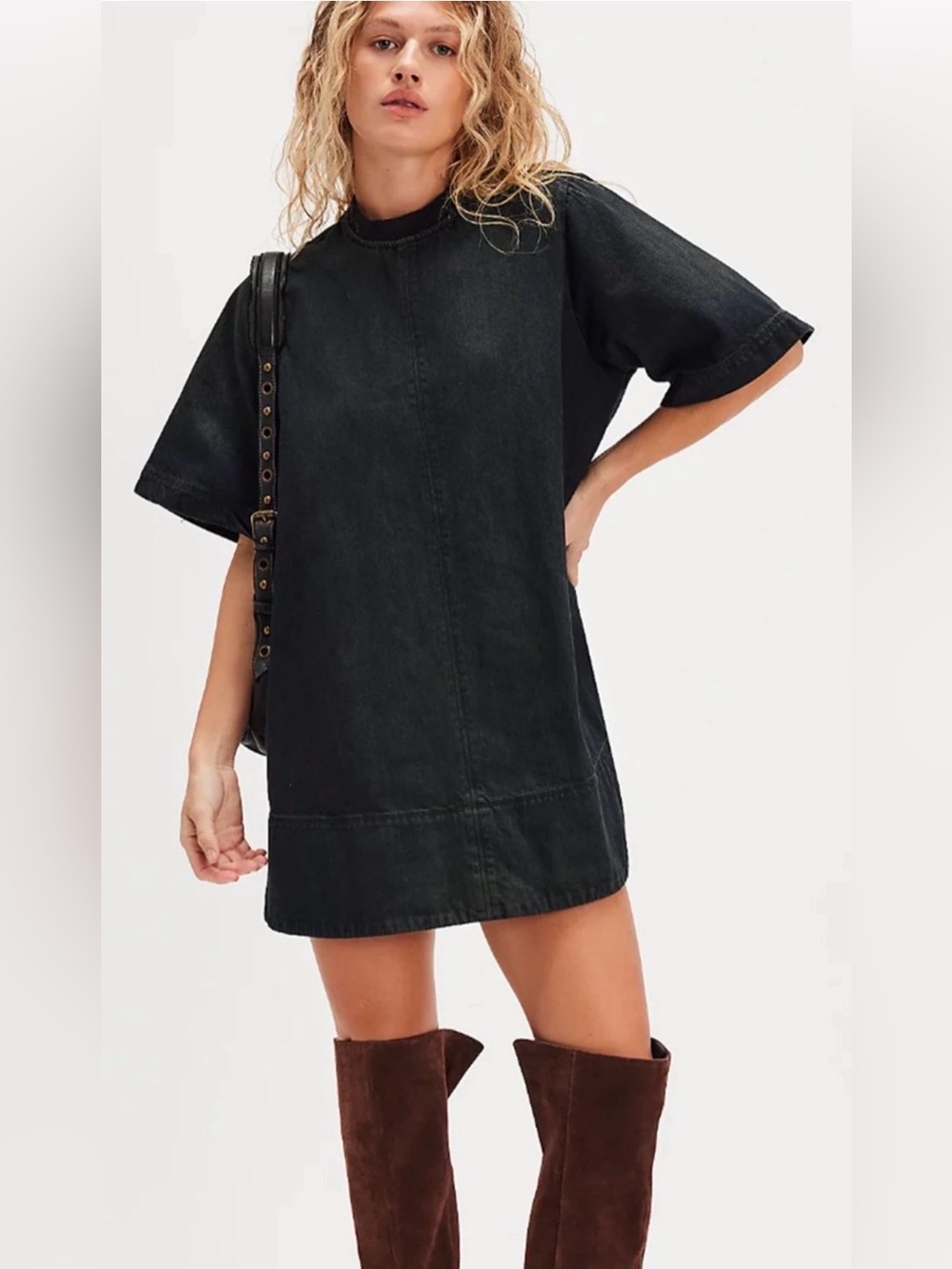 Free People Harlow Mini Dress Washed Black Oversized Denim Tee Dress Large NWOT